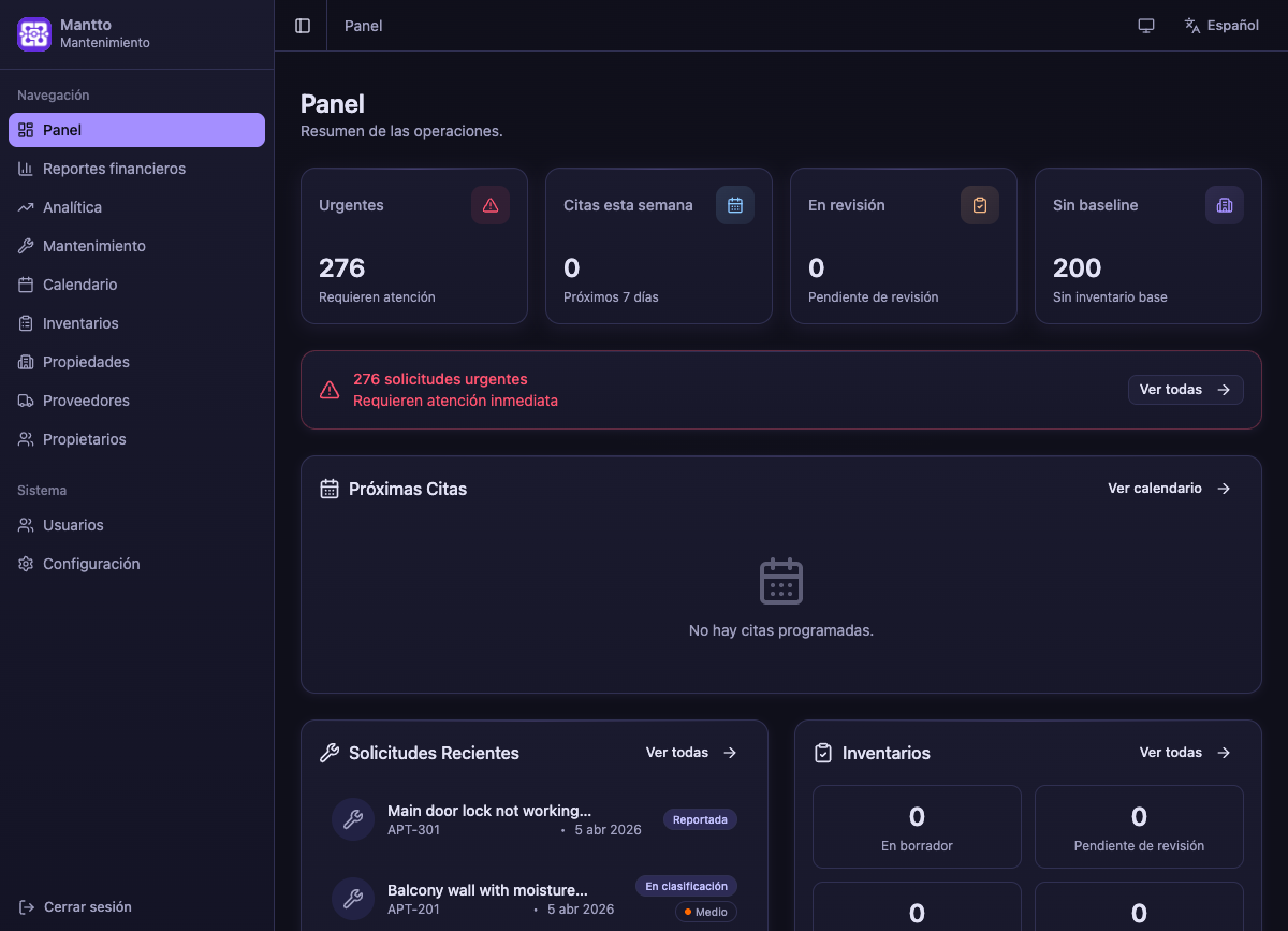 Panel de control de Mantto con KPIs de mantenimiento, inventarios y citas