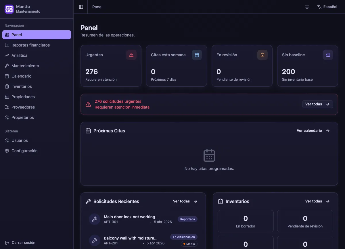 Dashboard de Mantto con KPIs de mantenimiento, inventarios y citas en tiempo real